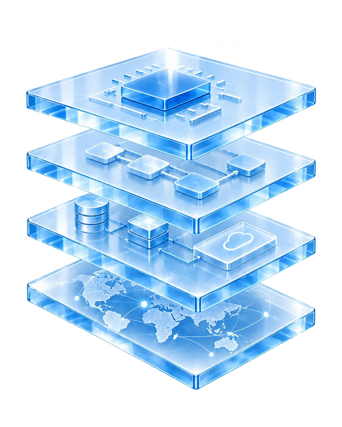 Four transparent glass layers topped with an AI chip, connecting business workflows, enterprise systems and global delivery