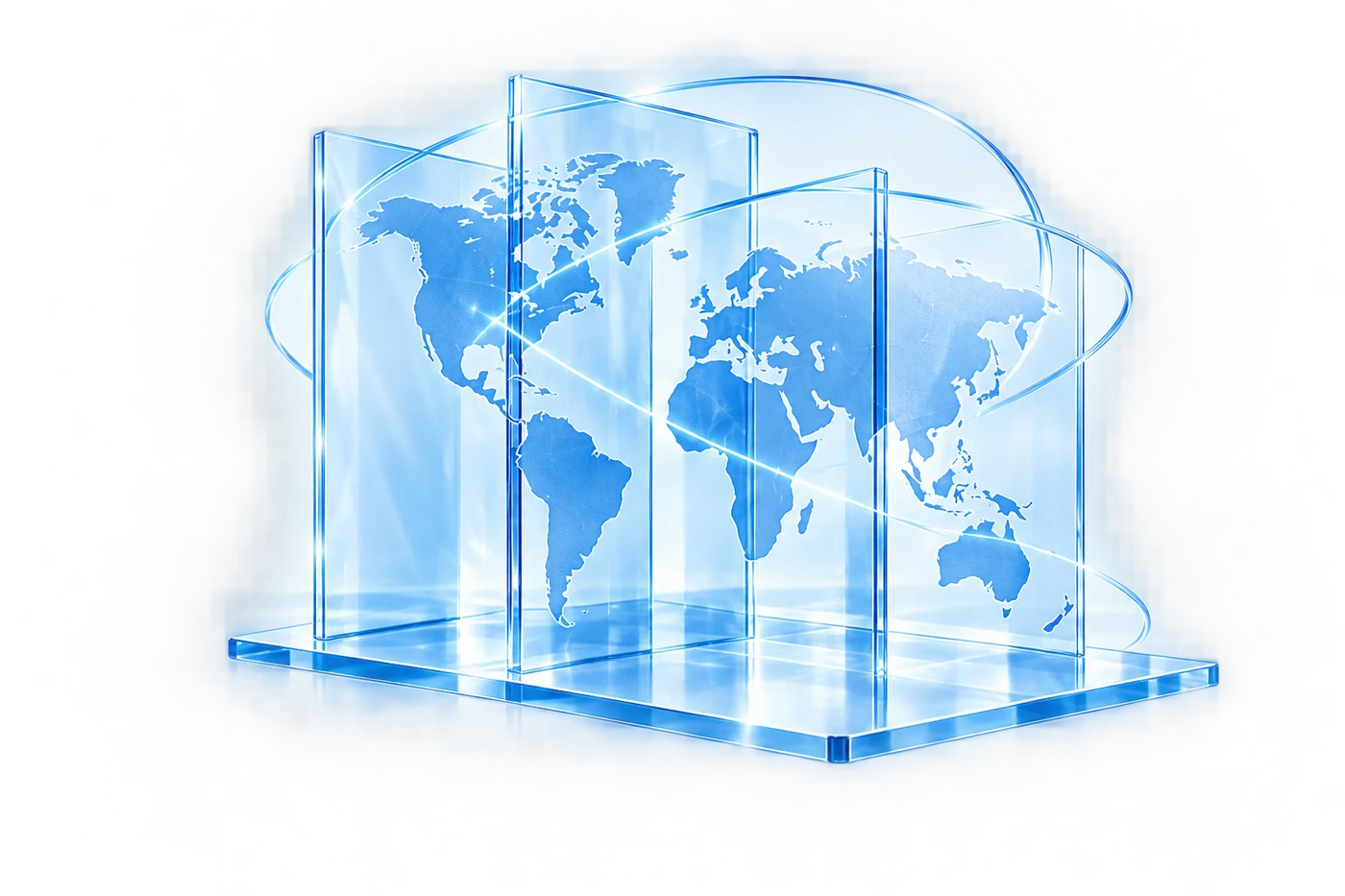 A world map across translucent blue glass panels, connected by delicate orbital arcs